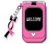pink flip phone saying welcome